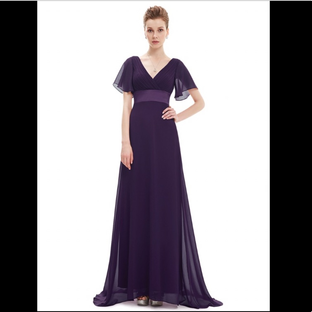 Long Empire Waist Evening Dress w/ Flutter Sleeves